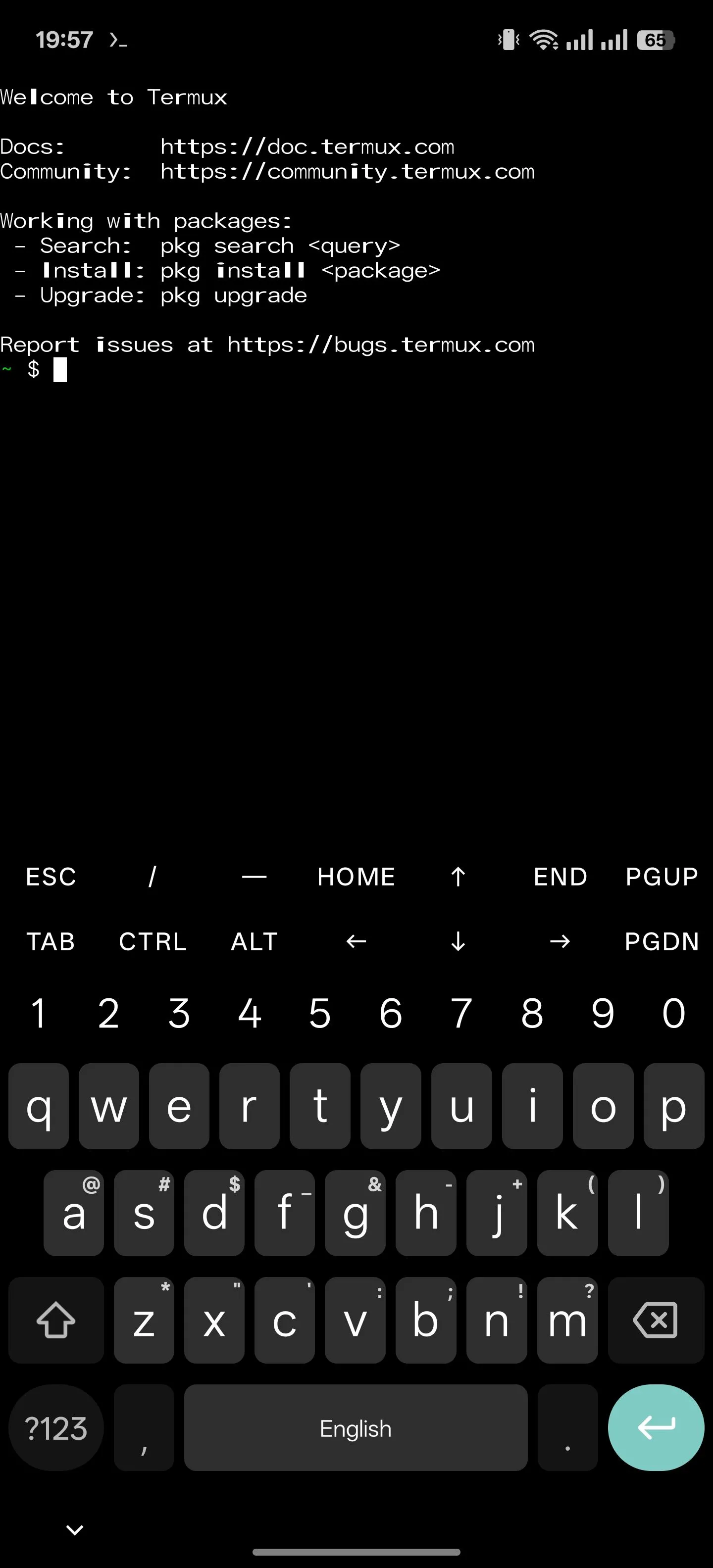 Giao diện ứng dụng giả lập Termux trên điện thoại Android, mô phỏng môi trường Linux