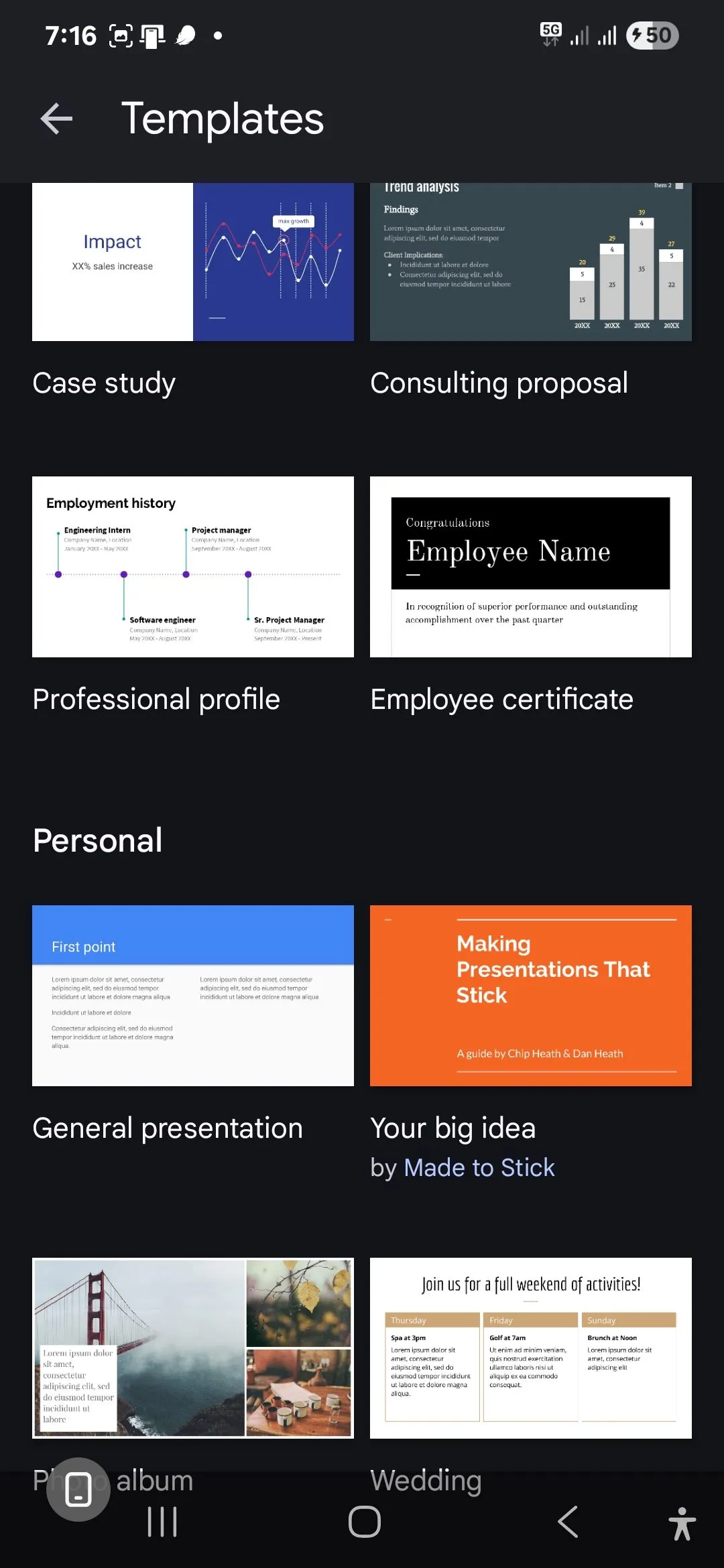 Giao diện ứng dụng Google Slides trên điện thoại hiển thị các mẫu thuyết trình cơ bản và dễ lựa chọn.