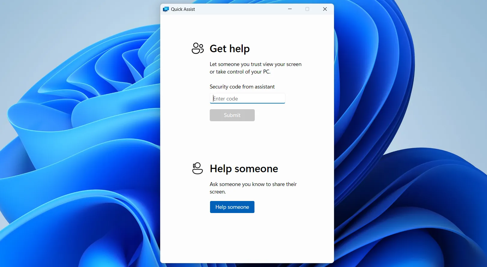 Giao diện ứng dụng Hỗ trợ Nhanh (Quick Assist) trên Windows 11 cho phép điều khiển máy tính từ xa