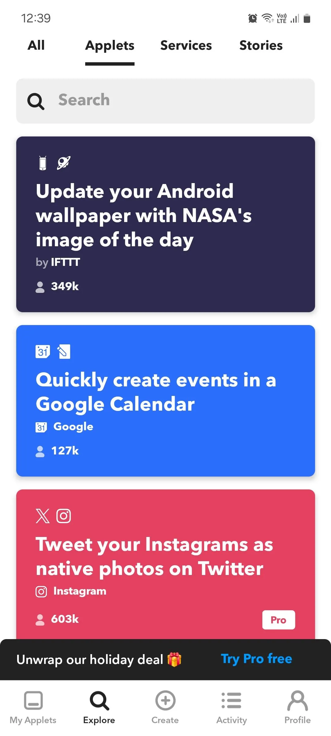 Giao diện ứng dụng IFTTT hiển thị các đề xuất tự động hóa applet hữu ích