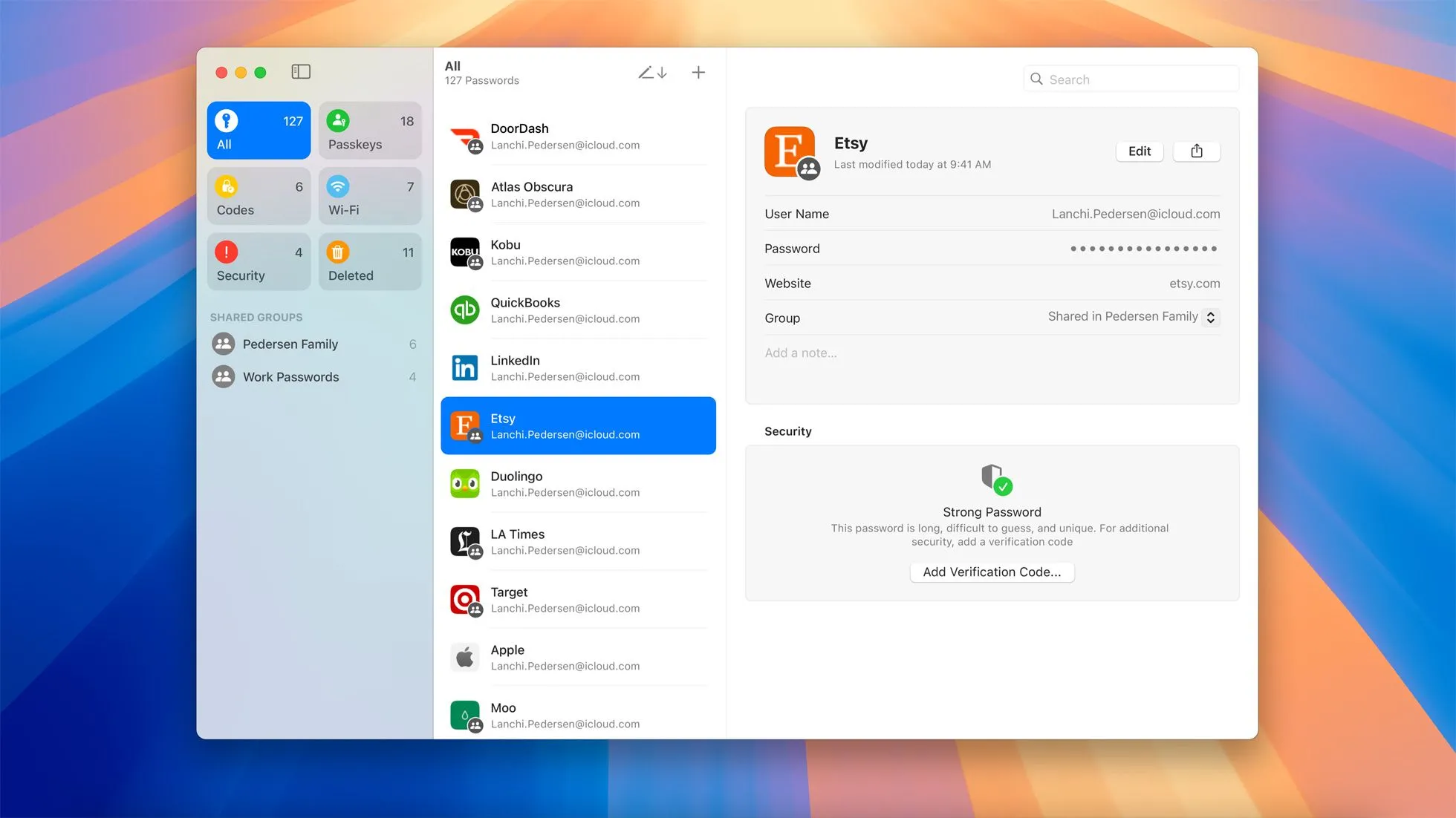 Giao diện ứng dụng Mật khẩu mới trên macOS Sequoia, một trình quản lý mật khẩu tích hợp giúp quản lý an toàn thông tin đăng nhập và Passkey