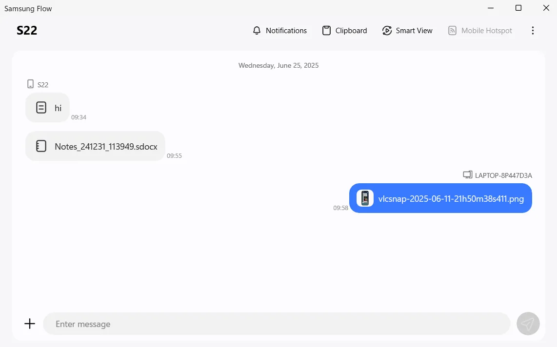 Giao diện ứng dụng Samsung Flow trên máy tính Windows để chuyển file và nhắn tin
