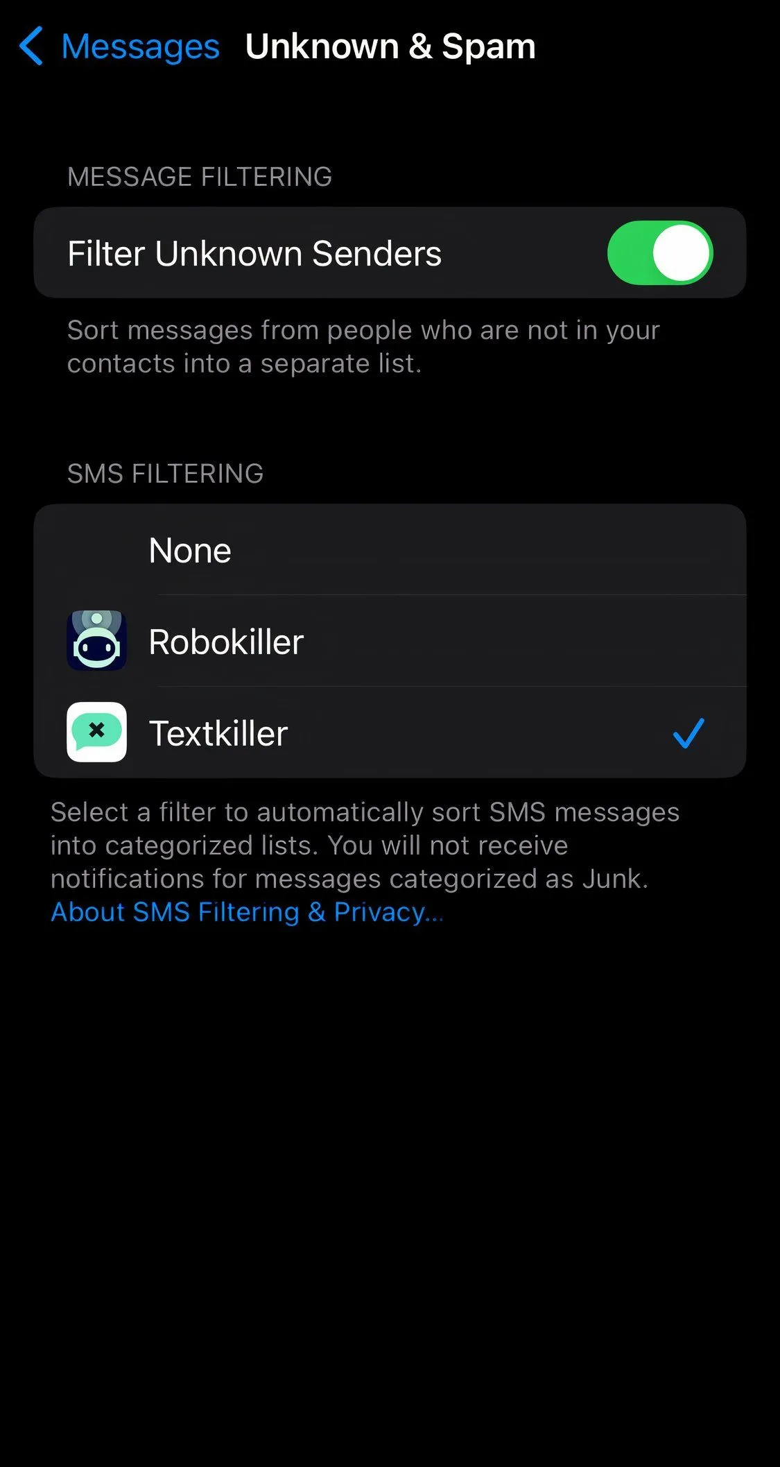 Giao diện ứng dụng TextKiller, công cụ chặn tin nhắn rác và smishing hiệu quả.