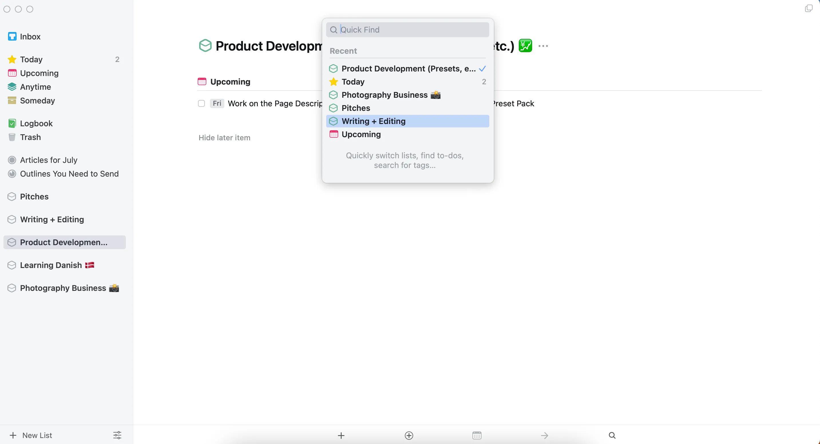 Giao diện ứng dụng Things 3 trên macOS, thể hiện sự đơn giản và hiệu quả trong quản lý công việc