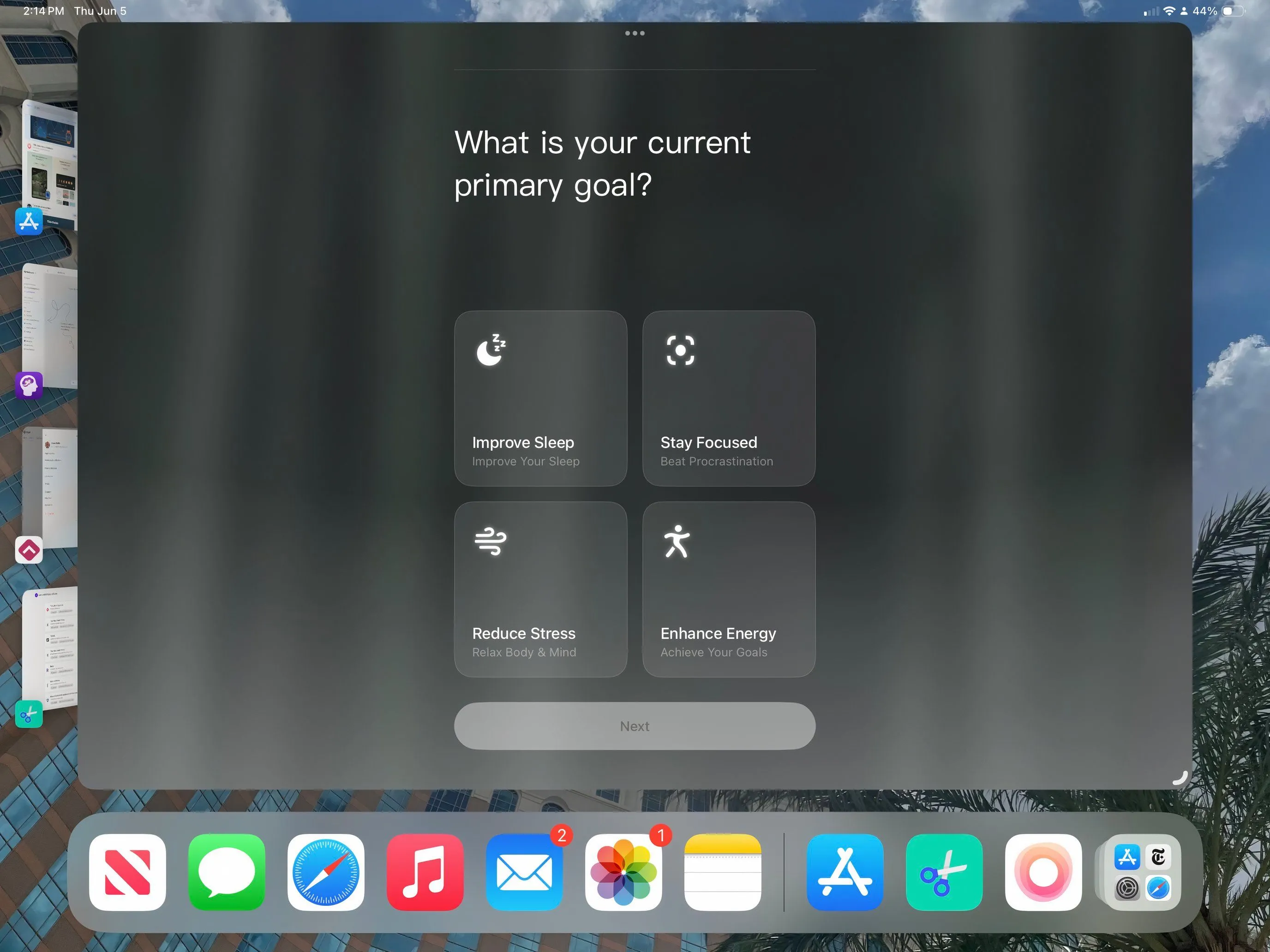 Giao diện ứng dụng TIDE trên iPad với tùy chọn thiền định và âm thanh thư giãn