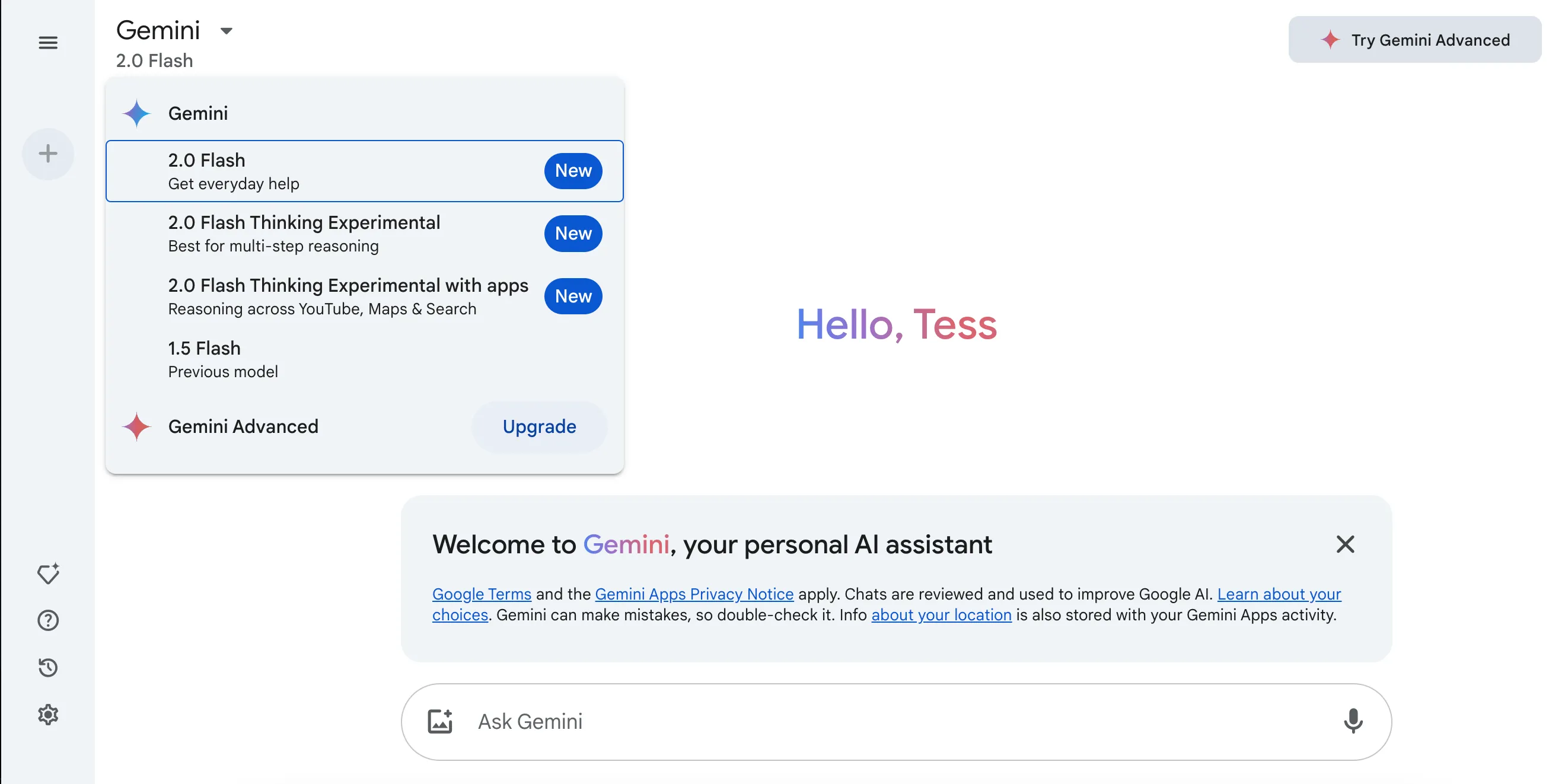 Giao diện ứng dụng web Gemini với menu thả xuống hiển thị bốn tùy chọn mô hình AI