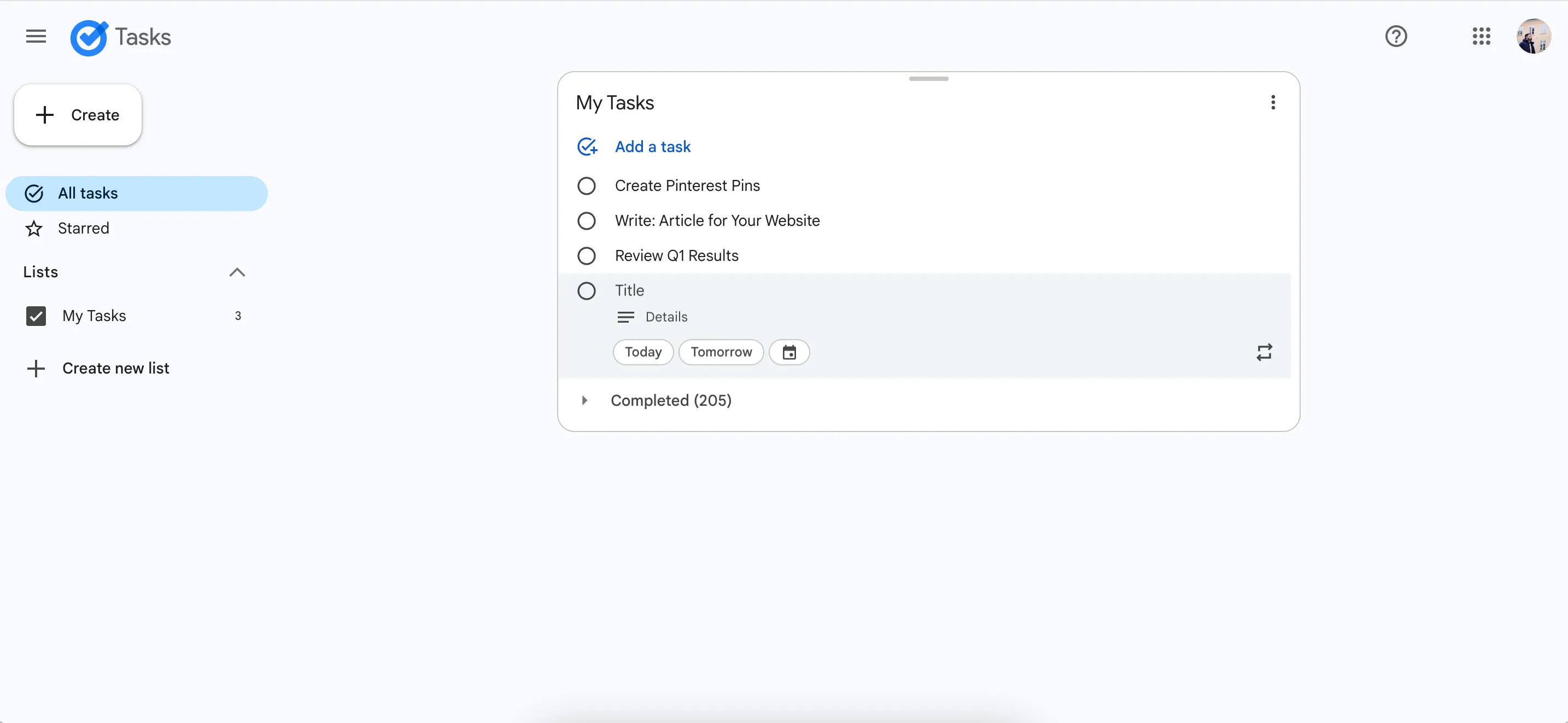Giao diện ứng dụng web Google Tasks giúp người dùng lên kế hoạch công việc hàng ngày