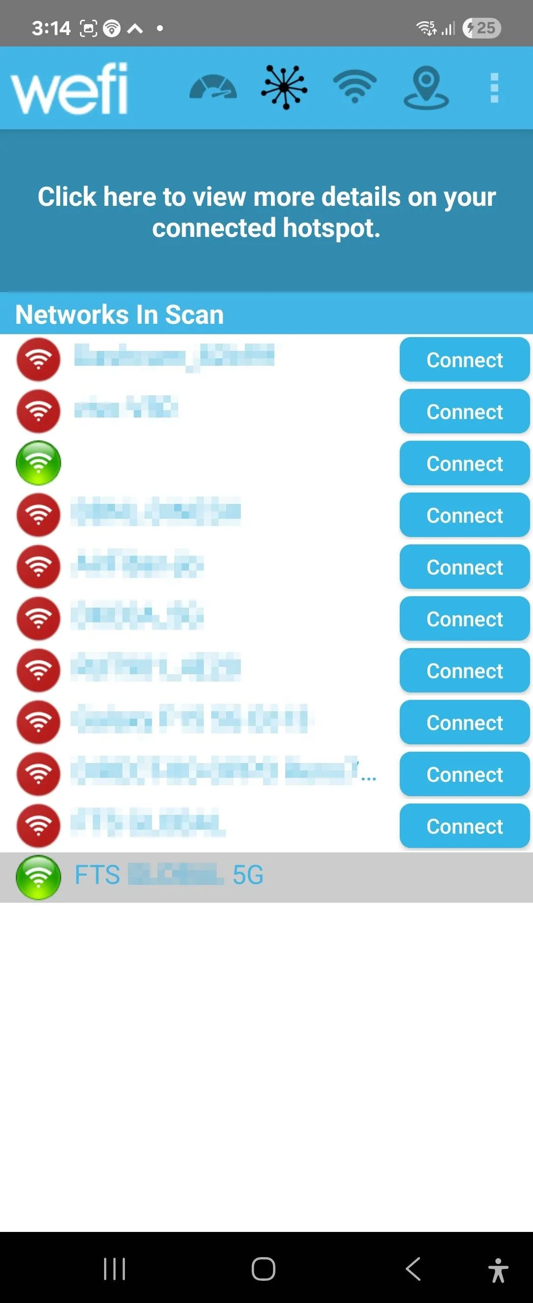 Giao diện ứng dụng WeFi hiển thị danh sách các điểm phát Wi-Fi công cộng có sẵn trên thiết bị Android.