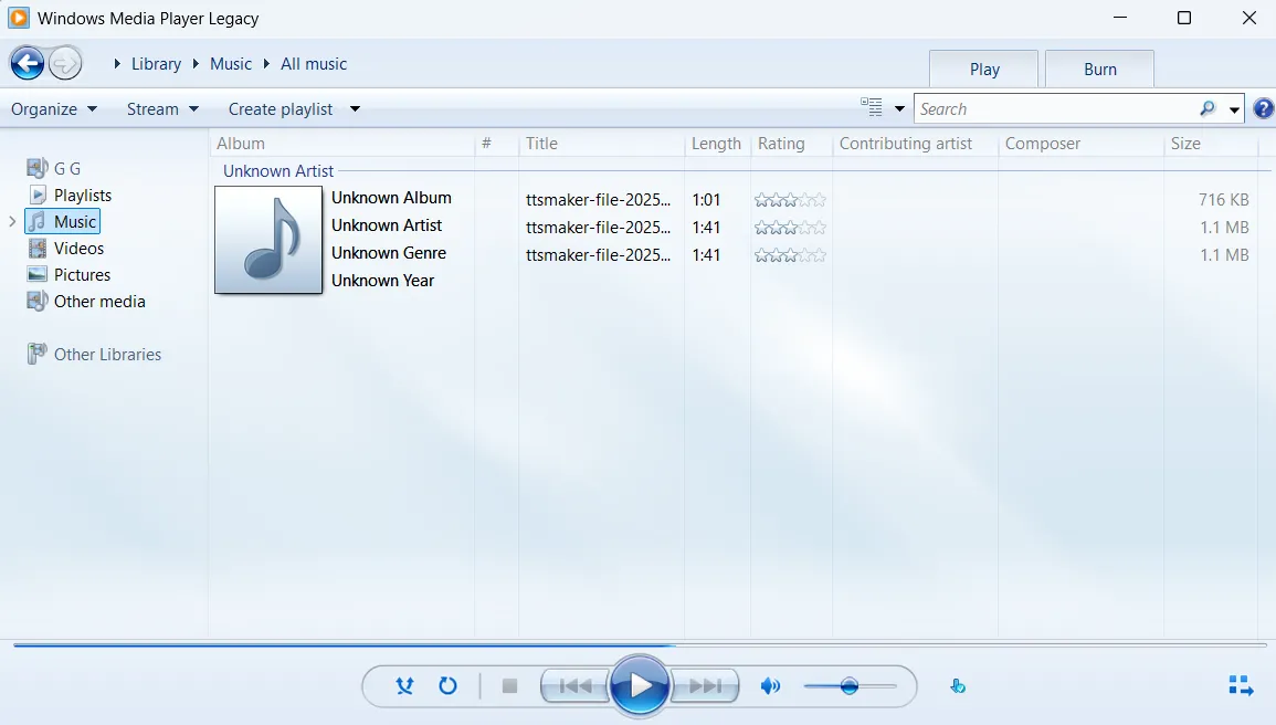 Giao diện ứng dụng Windows Media Player Legacy trên Windows 11