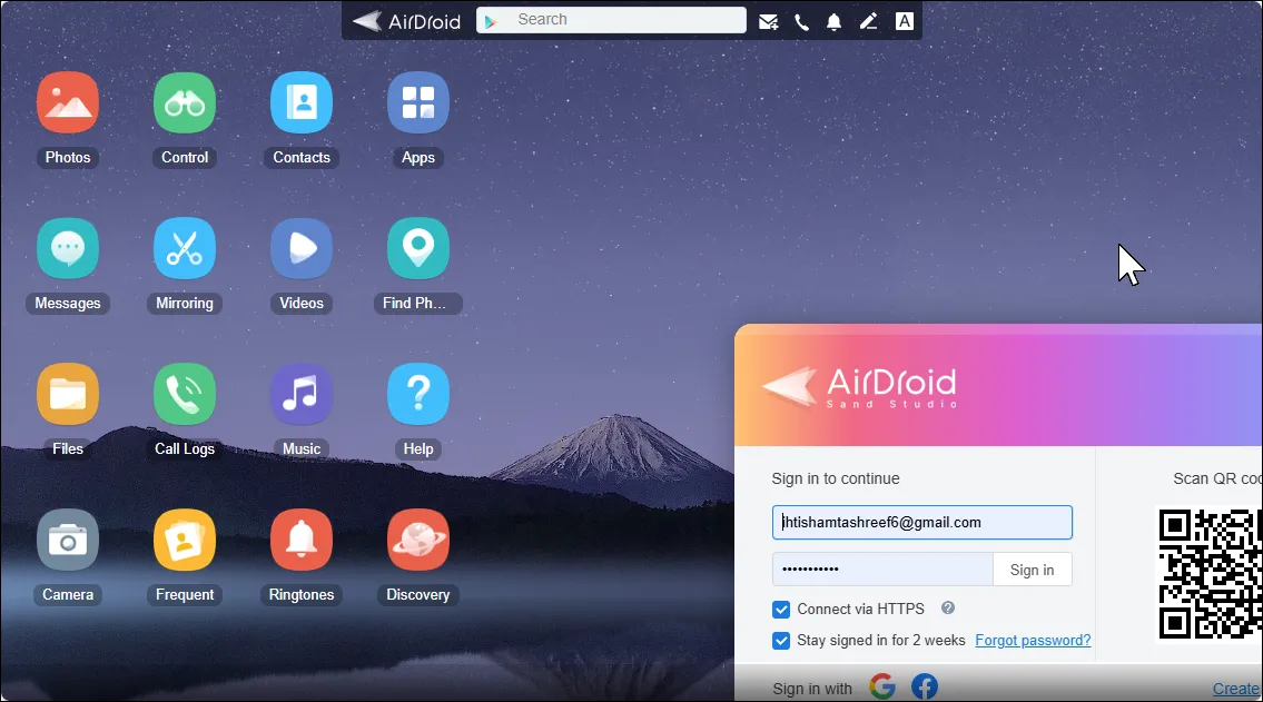 Giao diện web của AirDroid, cho phép người dùng truy cập và điều khiển điện thoại Android từ xa thông qua trình duyệt web trên máy tính.