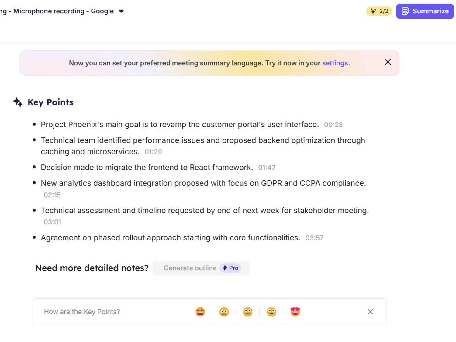 Giao diện web Krisp hiển thị bản tóm tắt cuộc họp được tạo bởi AI dưới dạng các gạch đầu dòng