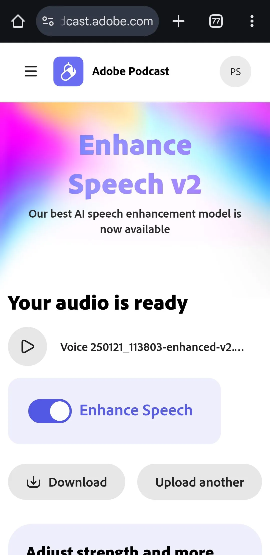 Giao diện website Adobe Enhance Speech trên trình duyệt Chrome Android với tùy chọn tải xuống file âm thanh đã được cải thiện.