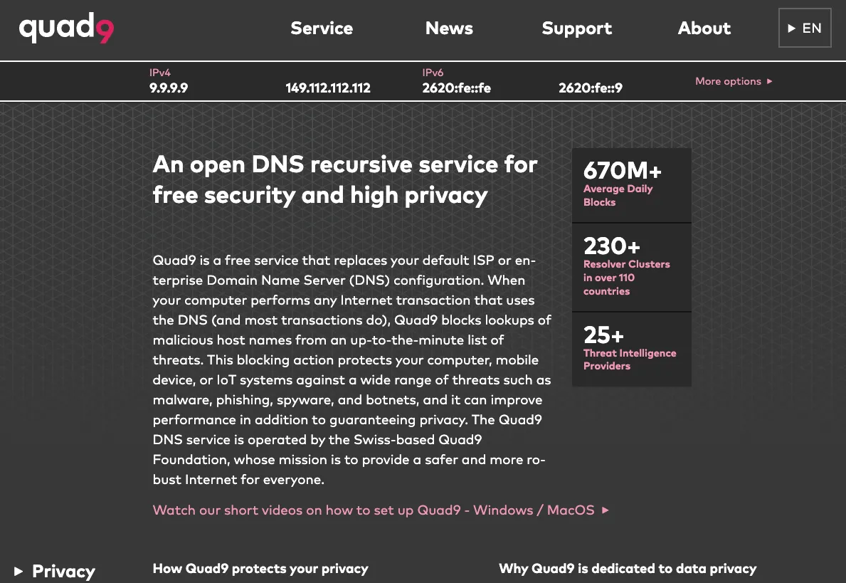 Giao diện website của Quad9, một dịch vụ phân giải DNS miễn phí tập trung vào quyền riêng tư và bảo mật
