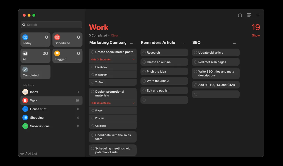 Giao diện xem cột (Kanban) trong ứng dụng Apple Reminders trên Mac, hiển thị các nhiệm vụ được sắp xếp theo trạng thái
