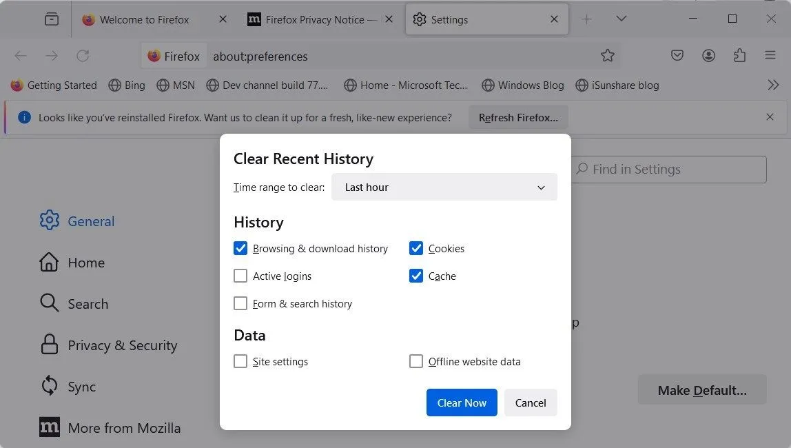 Giao diện xóa dữ liệu duyệt web gần đây trên trình duyệt Mozilla Firefox