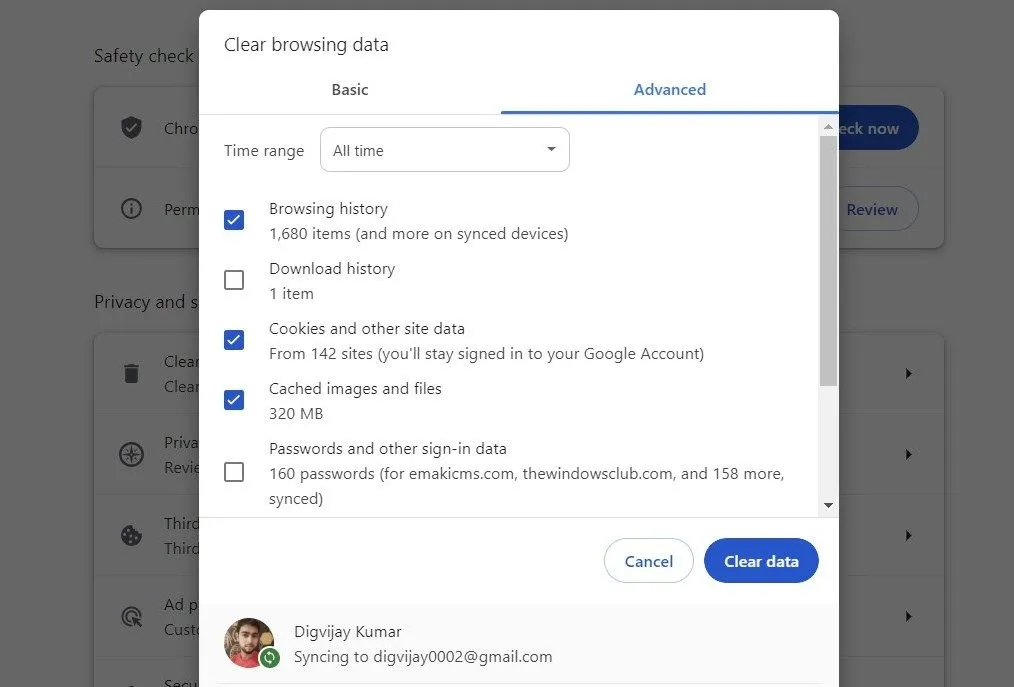 Giao diện xóa dữ liệu duyệt web trên Google Chrome giúp bảo mật thông tin mua sắm online