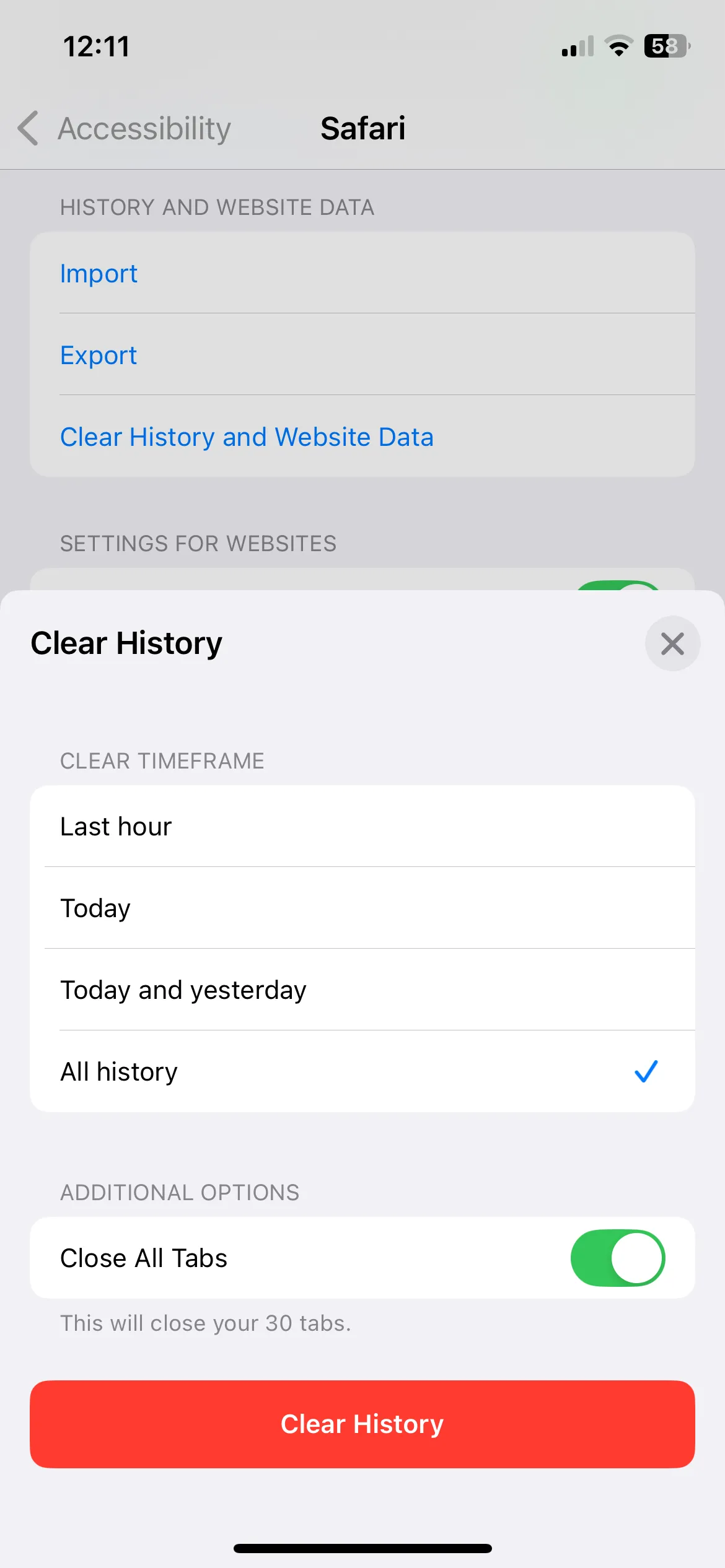 Giao diện xóa lịch sử và dữ liệu trang web Safari trên iPhone