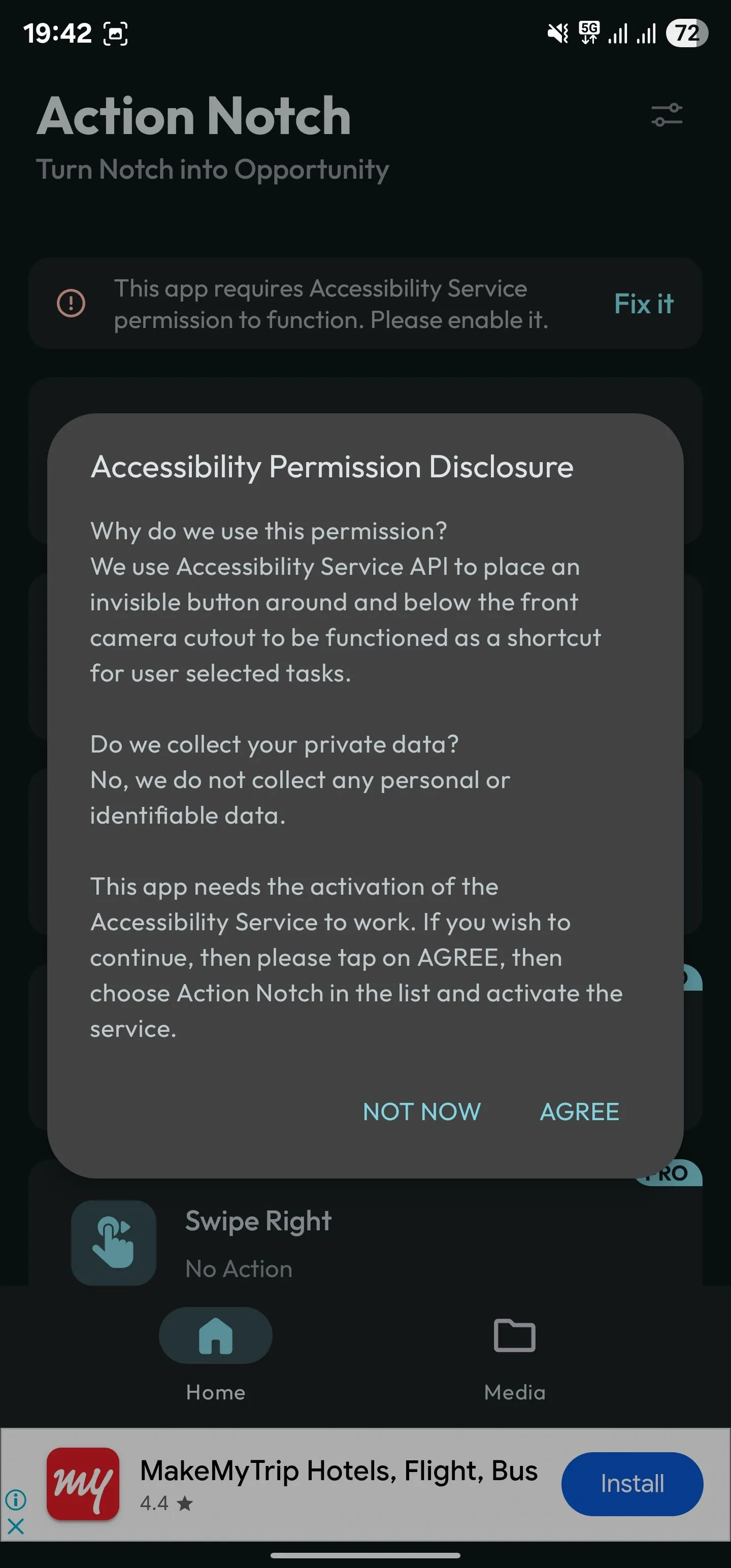 Giao diện yêu cầu cấp quyền trợ năng Accessibility trong ứng dụng Action Notch trên Android.