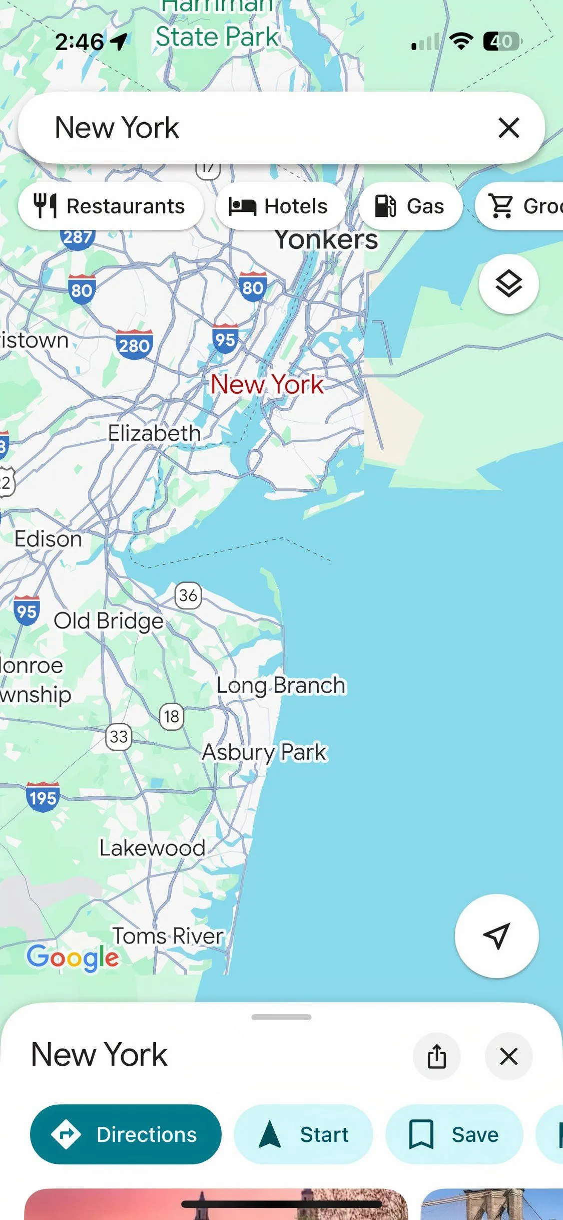 Google Maps hiển thị bản đồ thành phố New York với các tuyến đường và địa danh