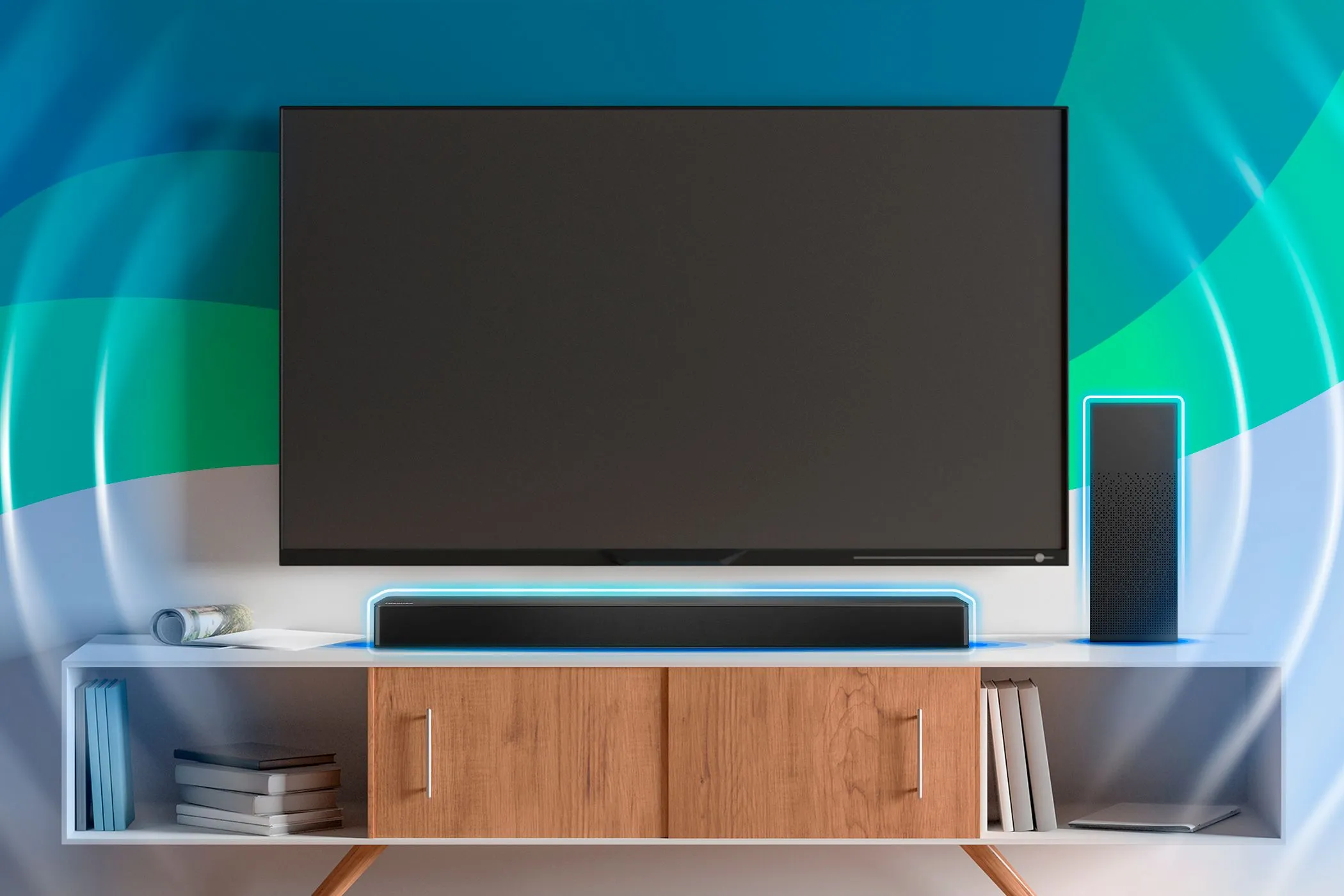 Hệ thống giải trí tại gia với TV treo tường và soundbar đặt phía dưới, minh họa cấu hình tối ưu âm thanh vòm
