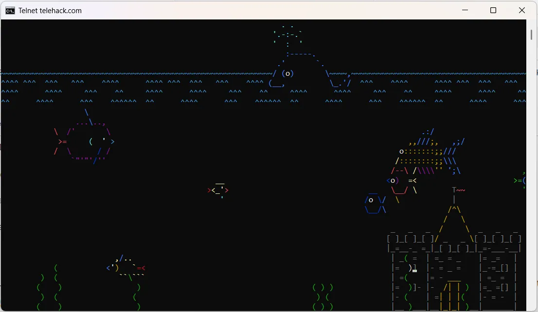 Hiệu ứng hoạt hình bể cá ASCII trong cửa sổ Command Prompt trên Windows.
