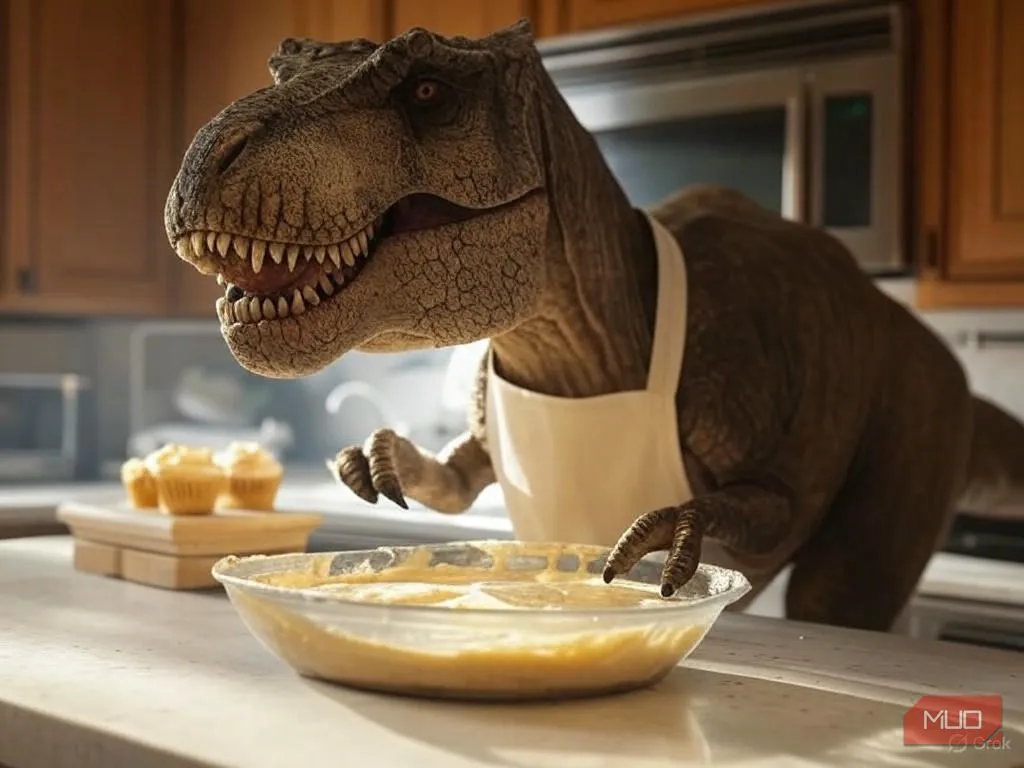 Hình ảnh AI tạo ra một con khủng long T. rex đang nướng bánh cupcake, thể hiện sự linh hoạt của công cụ tạo ảnh Grok Aurora.