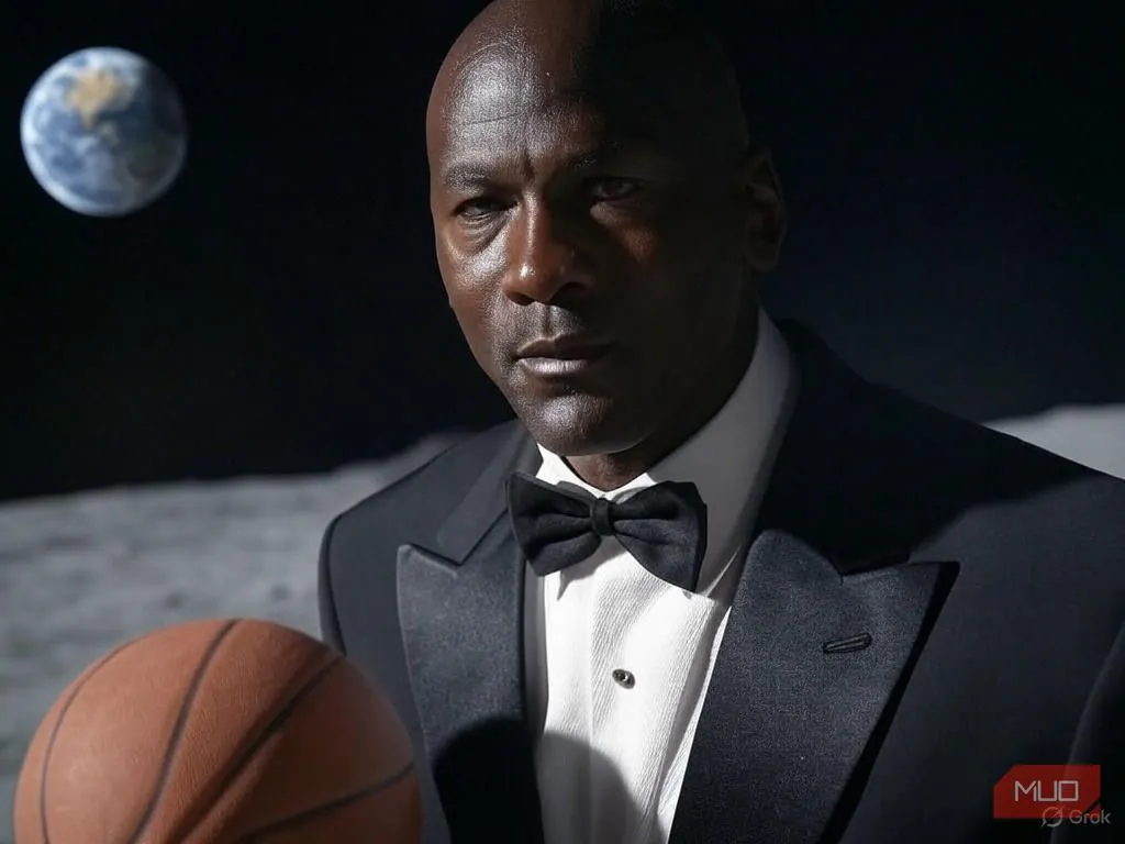 Hình ảnh AI tạo ra về Michael Jordan chơi bóng rổ trên mặt trăng với bộ tuxedo, minh họa khả năng sáng tạo không giới hạn của Grok Aurora.
