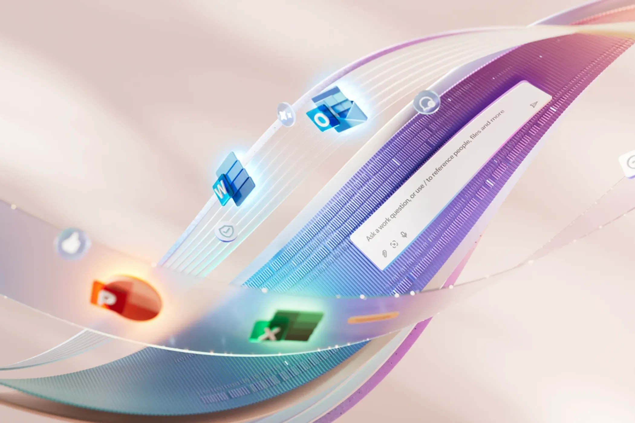 Hình ảnh minh họa các ứng dụng Microsoft 365 kết hợp với cửa sổ Copilot, thể hiện hệ sinh thái và quảng cáo dịch vụ của Microsoft.