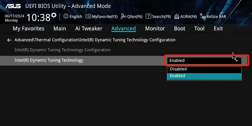 Hình ảnh minh họa cách bật tính năng Intel Dynamic Tuning Technology (DTT) trong BIOS ASUS, cần thiết cho Intel APO