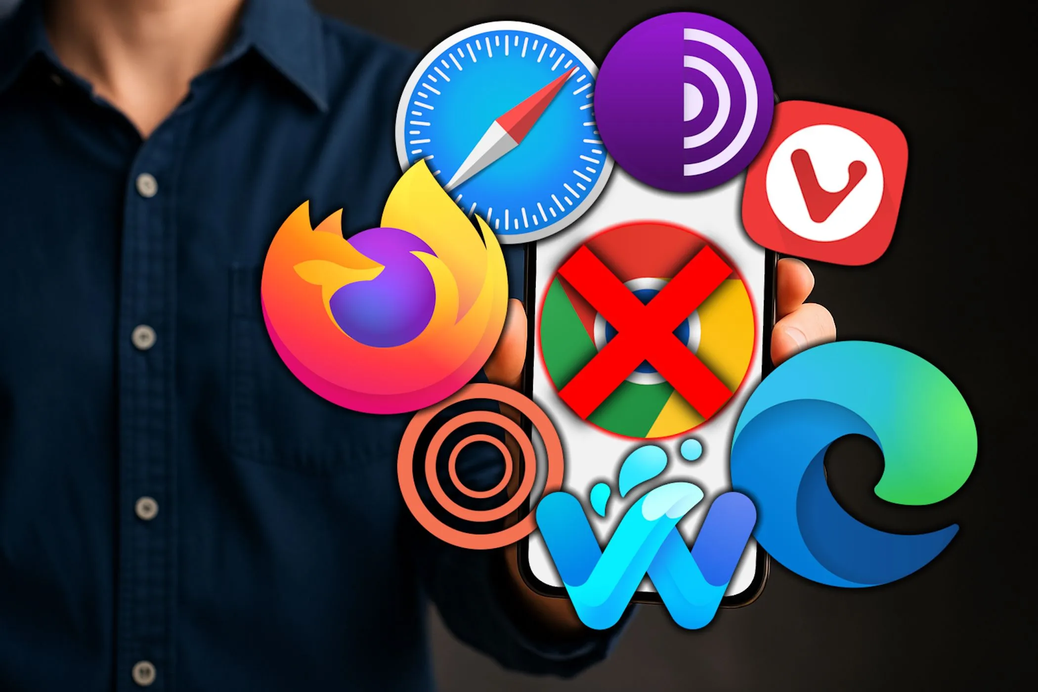 Hình ảnh người đàn ông cầm smartphone với logo Chrome bị gạch bỏ và các biểu tượng trình duyệt khác xếp tròn, biểu thị các lựa chọn thay thế cho Chrome.