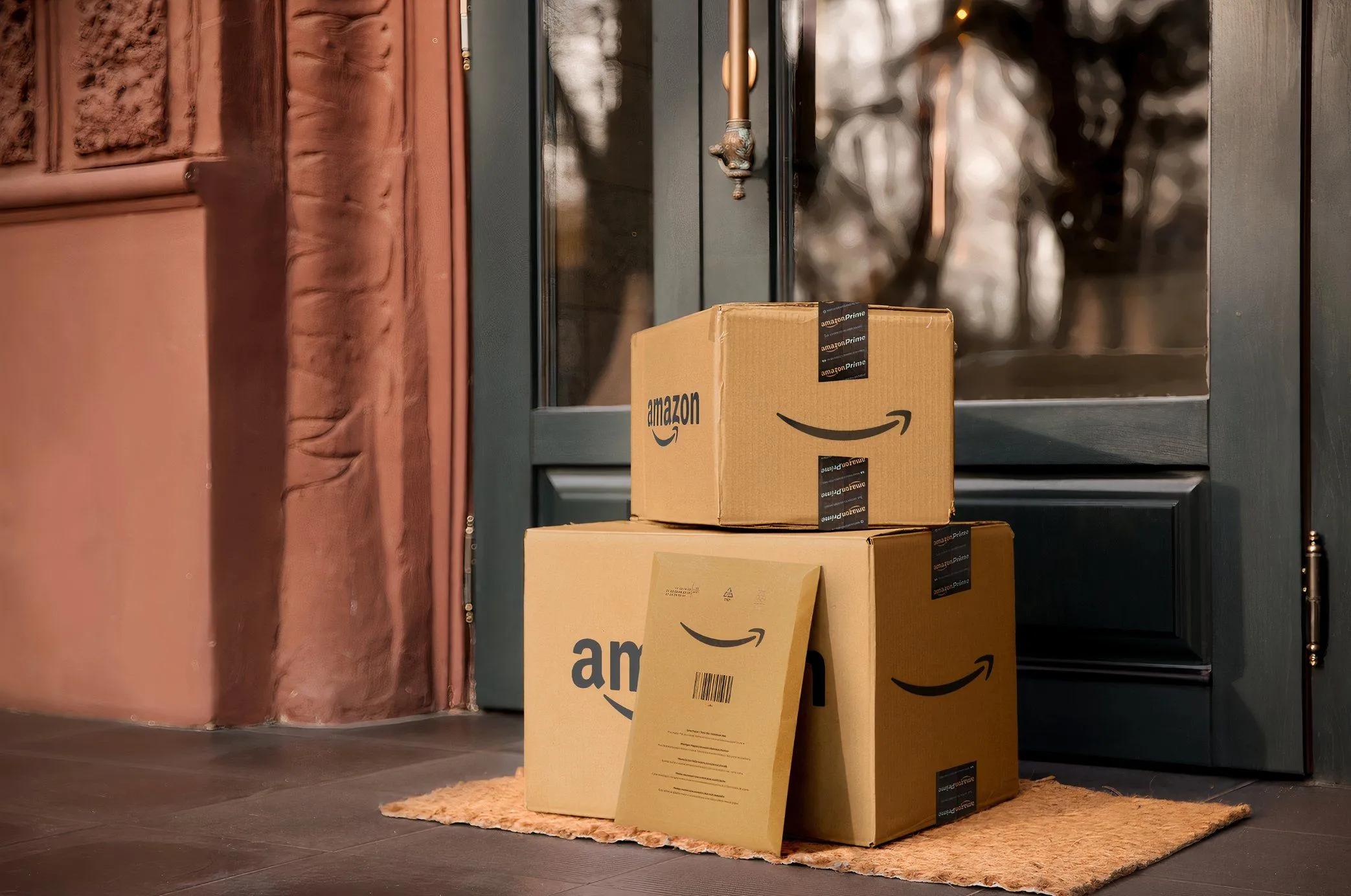 Hình ảnh nhiều gói hàng Amazon được giao và đặt tại hiên nhà, dễ bị nhìn thấy từ đường, minh họa rủi ro trộm cắp bưu kiện.