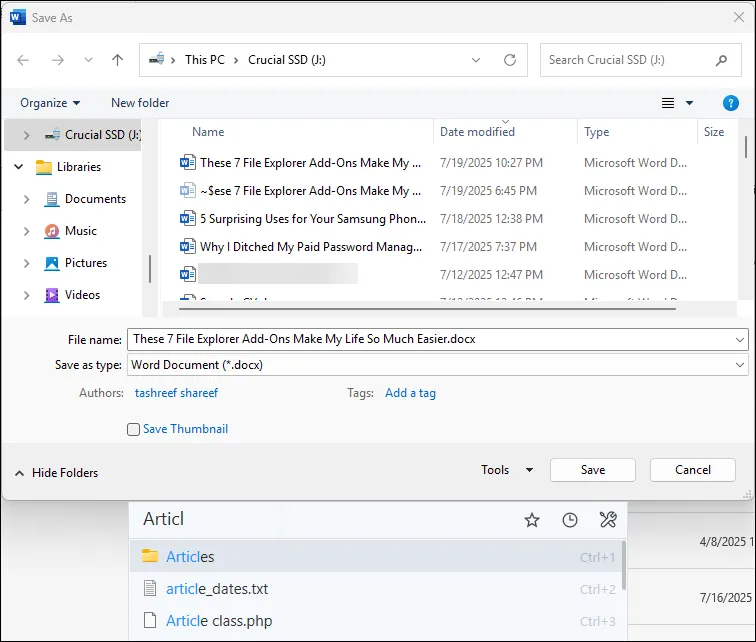Hộp thoại Lưu dưới dạng của Microsoft Word hiển thị tính năng tìm kiếm nhanh của Listary, giúp người dùng dễ dàng điều hướng tới thư mục mong muốn.