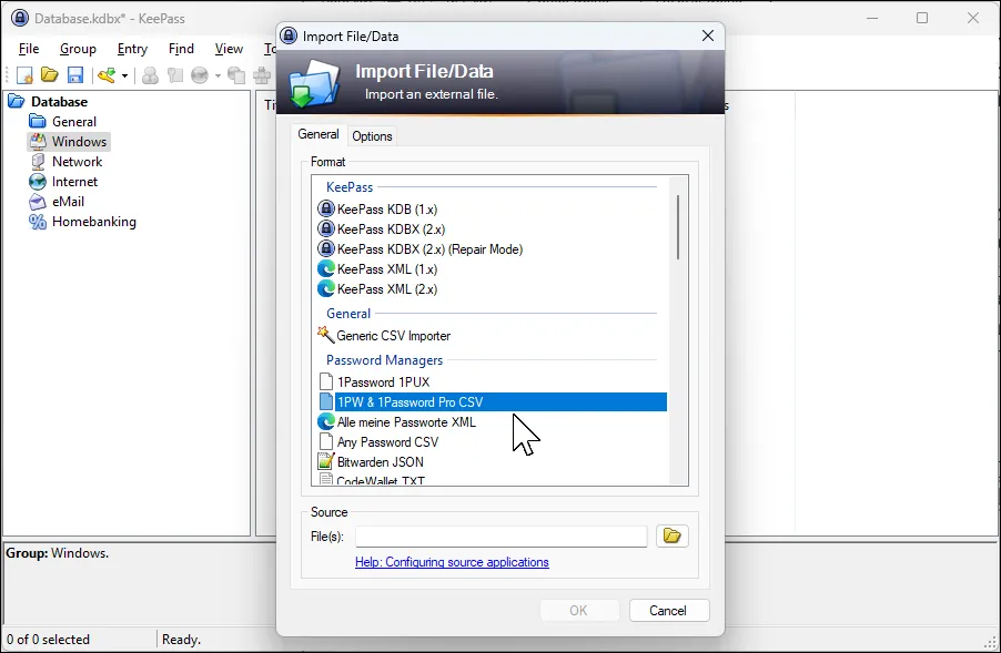 Hộp thoại nhập dữ liệu của KeePass, hỗ trợ nhiều định dạng bao gồm 1Password