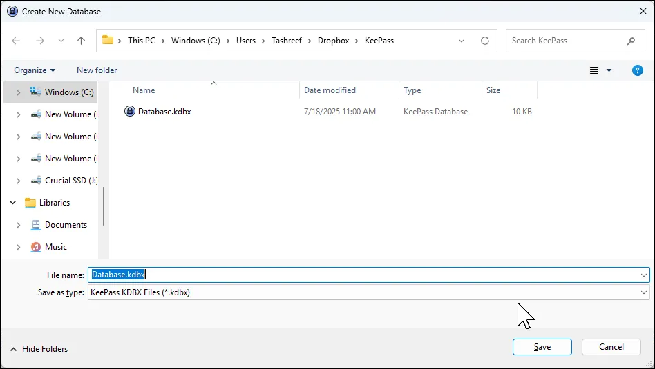 Hộp thoại tạo cơ sở dữ liệu KeePass mới tích hợp với dịch vụ đám mây Dropbox
