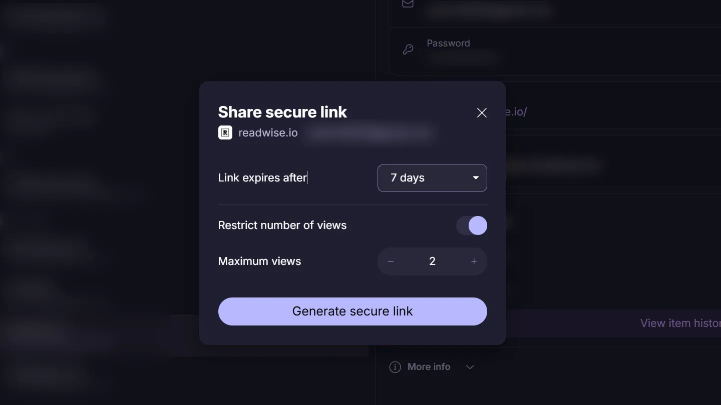 Hộp thoại tạo liên kết chia sẻ mật khẩu an toàn trong ứng dụng web Proton Pass.