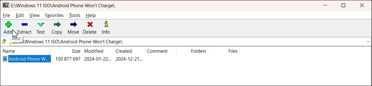 Hộp thoại thêm vào kho lưu trữ của 7-Zip trên Windows 11 để bắt đầu quá trình chia file