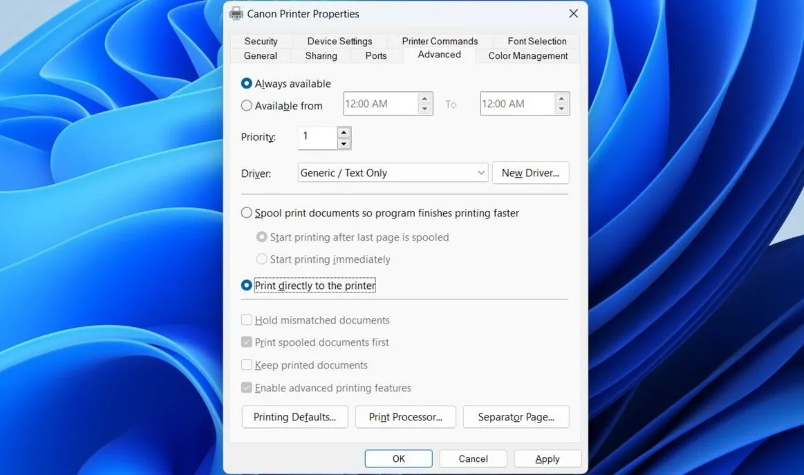 Hộp thoại thuộc tính máy in trên Windows để in trực tiếp