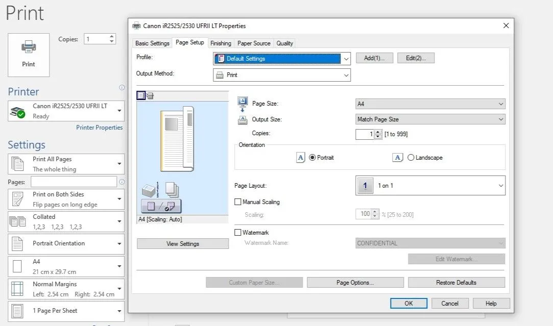 Hộp thoại Thuộc tính máy in trong Word với tab Cài đặt Trang