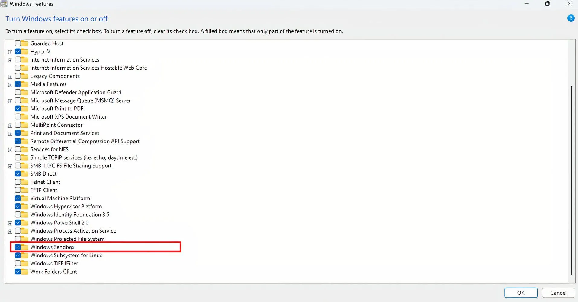 Hộp thoại "Windows Features" hiển thị tùy chọn "Windows Sandbox" được tích chọn, minh họa các bước kích hoạt tính năng hộp cát trên Windows.