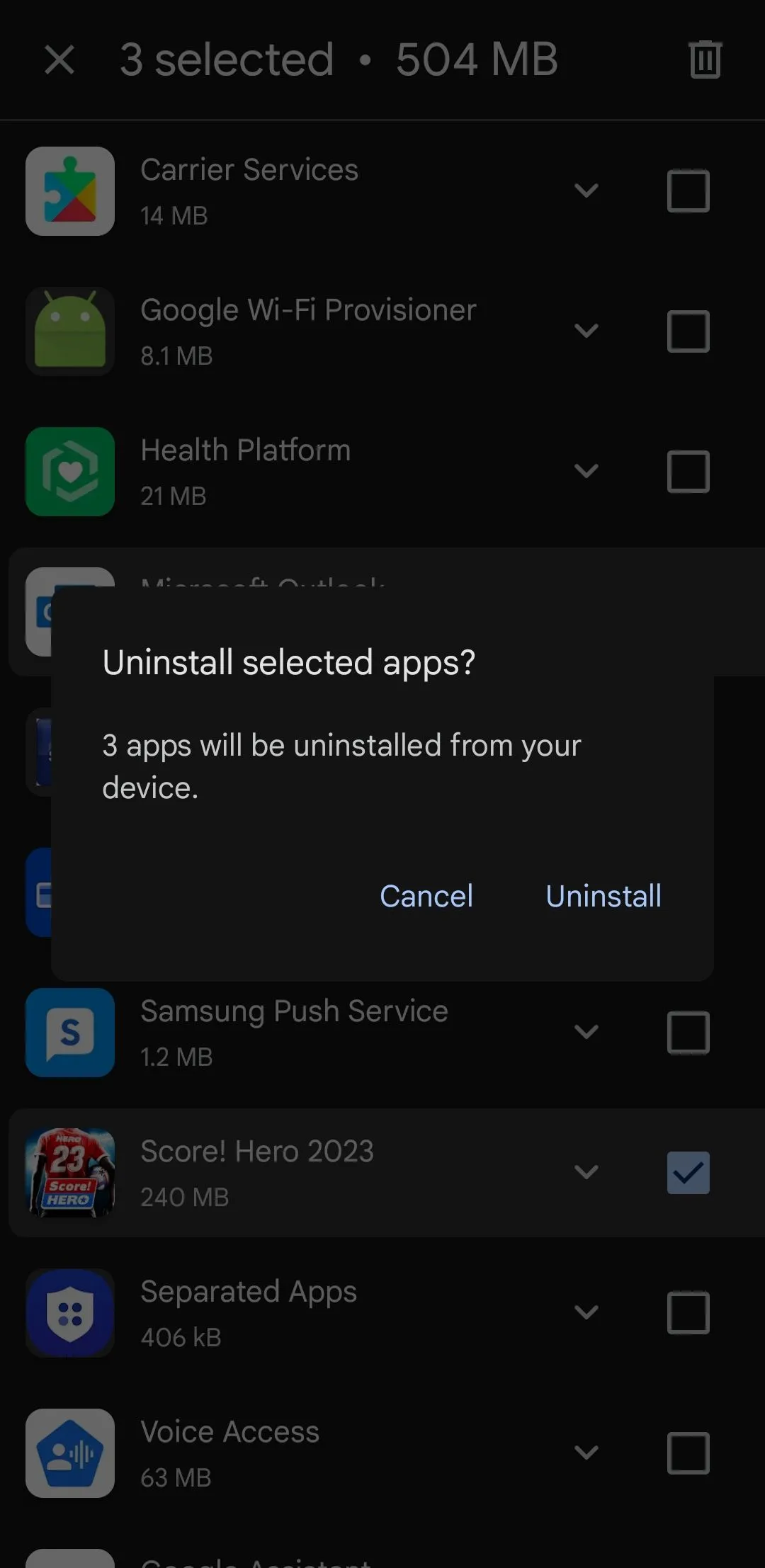 Hộp thoại xác nhận gỡ cài đặt các ứng dụng không cần thiết từ Google Play Store