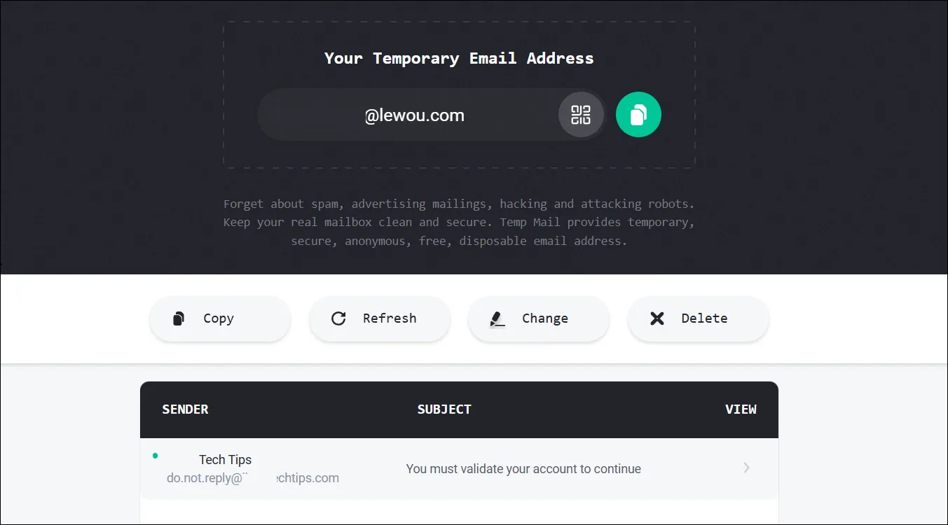 Hộp thư đến của Temp-Mail hiển thị các email đã nhận để xác minh tài khoản