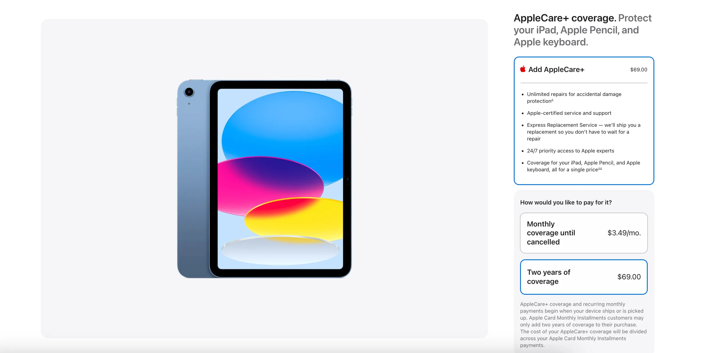 iPad trên trang web Apple hiển thị các tùy chọn bảo hiểm AppleCare+