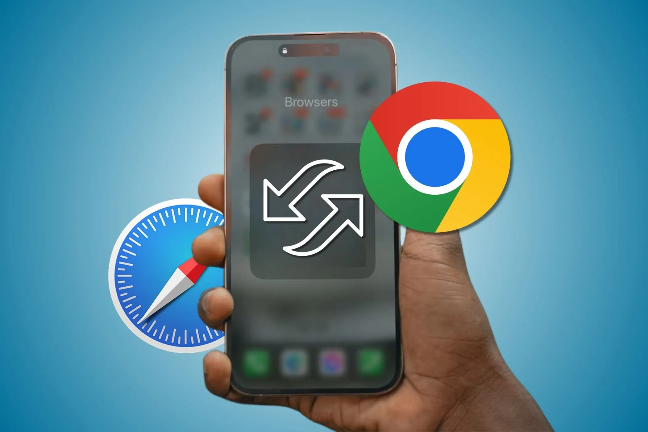 iPhone hiển thị biểu tượng Chrome và Safari với mũi tên chuyển đổi