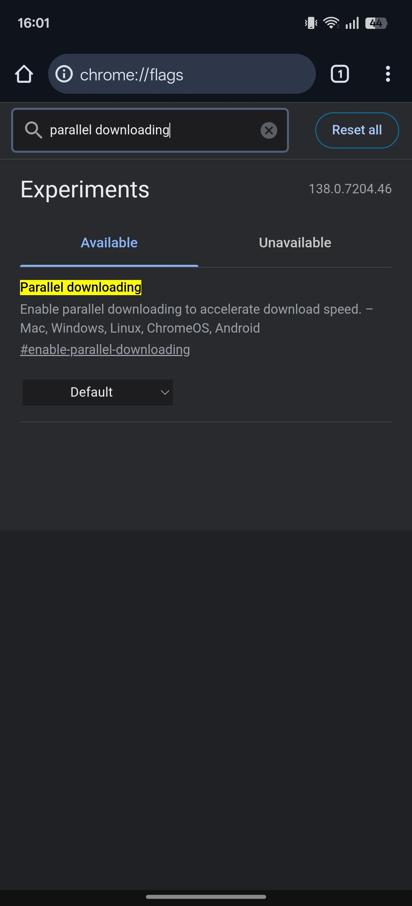Kết quả tìm kiếm một tính năng thử nghiệm trên trang Chrome Flags cho Android.