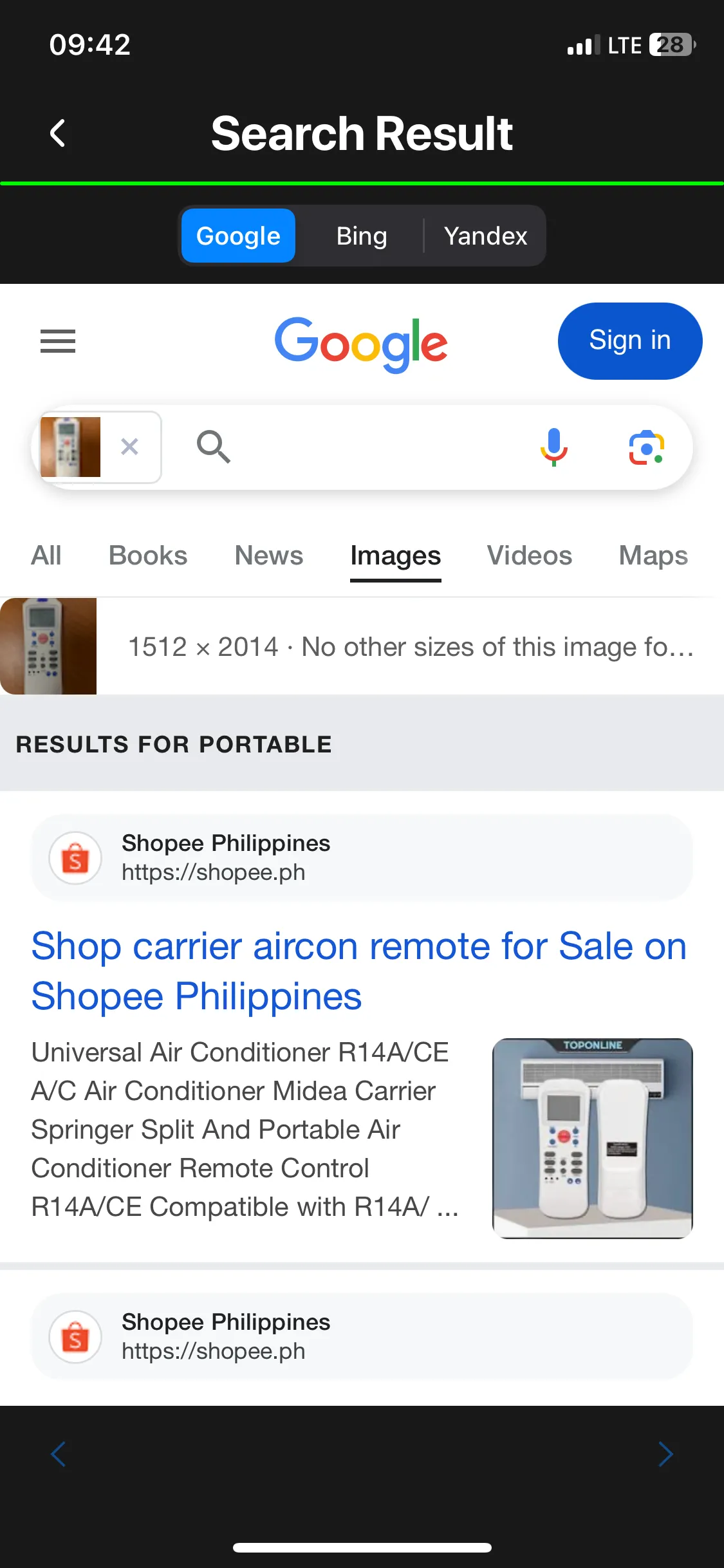 Kết quả từ việc tìm kiếm hình ảnh ngược (reverse image search) trên ứng dụng Image Recognition and Searcher, hiển thị các liên kết liên quan