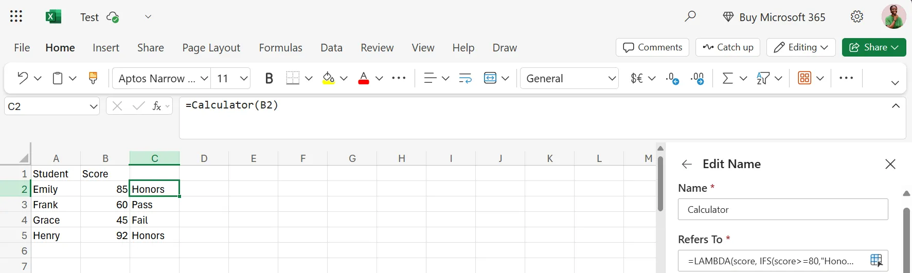 Kết quả ví dụ công thức tính điểm bằng LAMBDA trong Excel