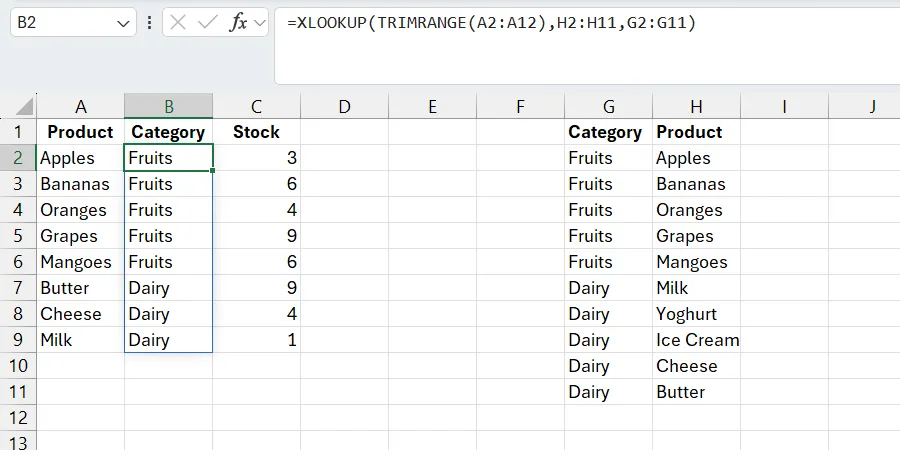 Kết quả XLOOKUP được cải thiện sau khi sử dụng TRIMRANGE để làm sạch vùng tìm kiếm, loại bỏ lỗi #N/A và hiển thị dữ liệu chính xác.