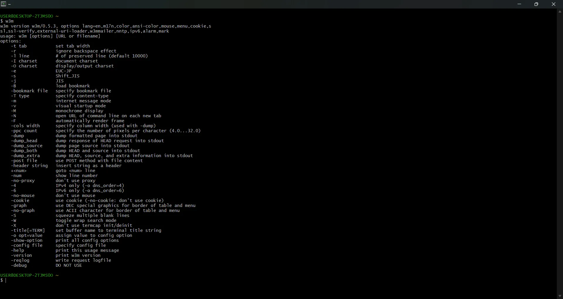 Kiểm tra cài đặt w3m trong terminal Cygwin
