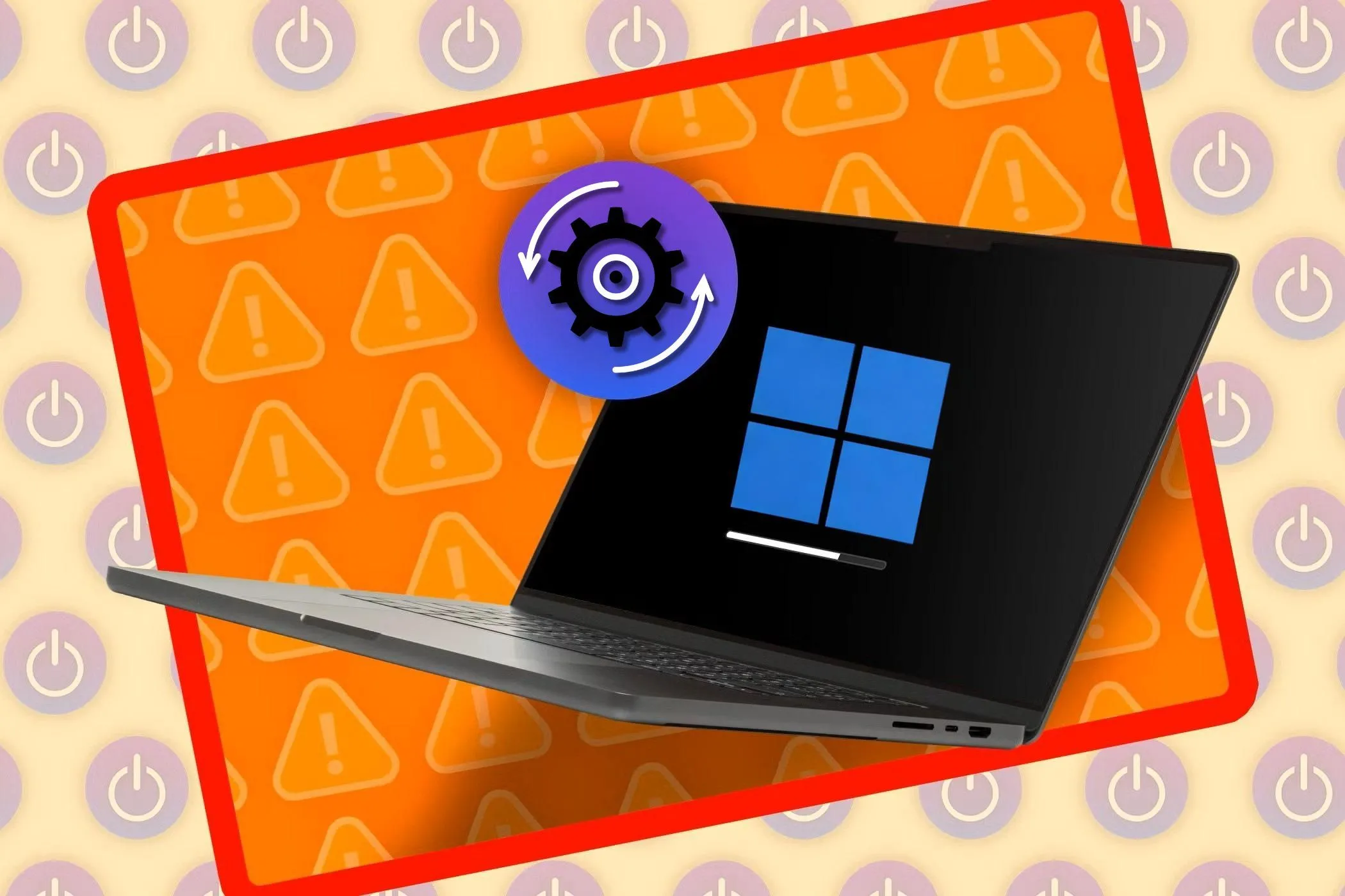 Laptop hiển thị màn hình tải với logo Windows và cập nhật, biểu trưng cho yêu cầu tài nguyên cao và quá trình cập nhật của hệ điều hành