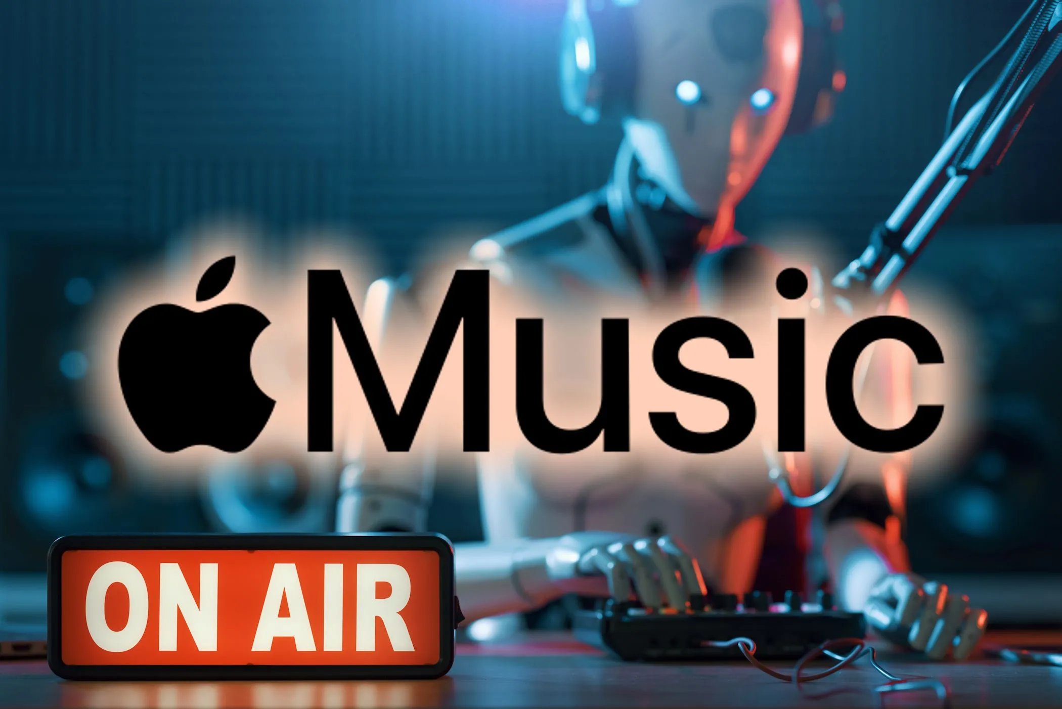Logo Apple Music cùng hình ảnh robot DJ tượng trưng cho tính năng AutoMix